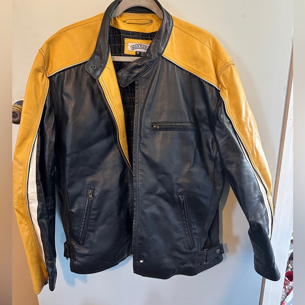 Max Rider M Black Gold Genuine Leather Full Zip Motorcycle Biker Jacket Coat